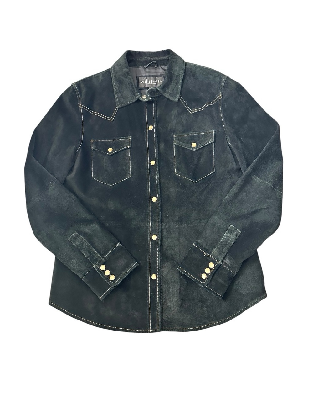Vintage Willi Smith Black Distressed Leather Western Pearl Snap Cowgirl Shirt M - Picture 5 of 12